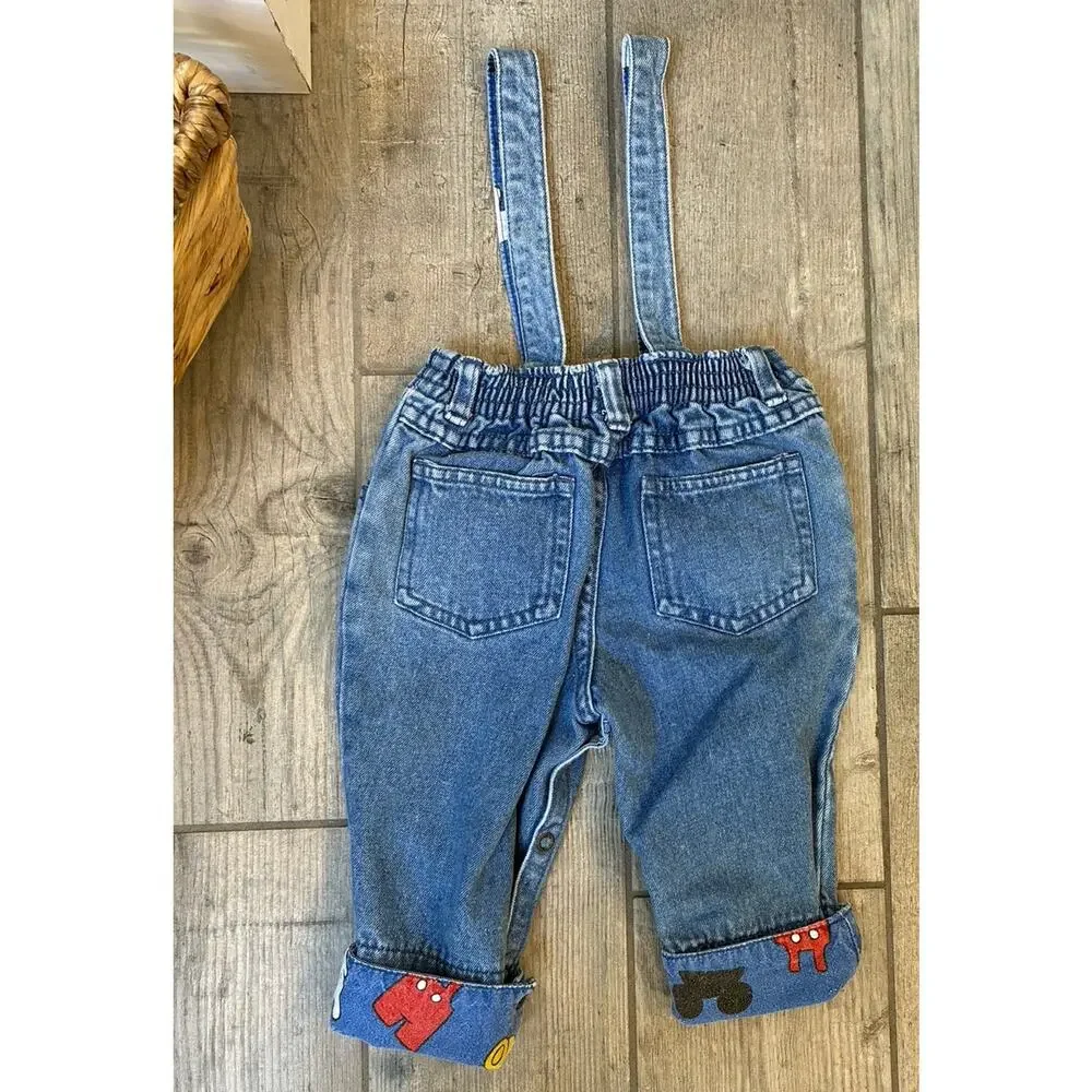 Vintage 90s Baby Mickey & Co Disney Denim Overalls Character Cuff 12M